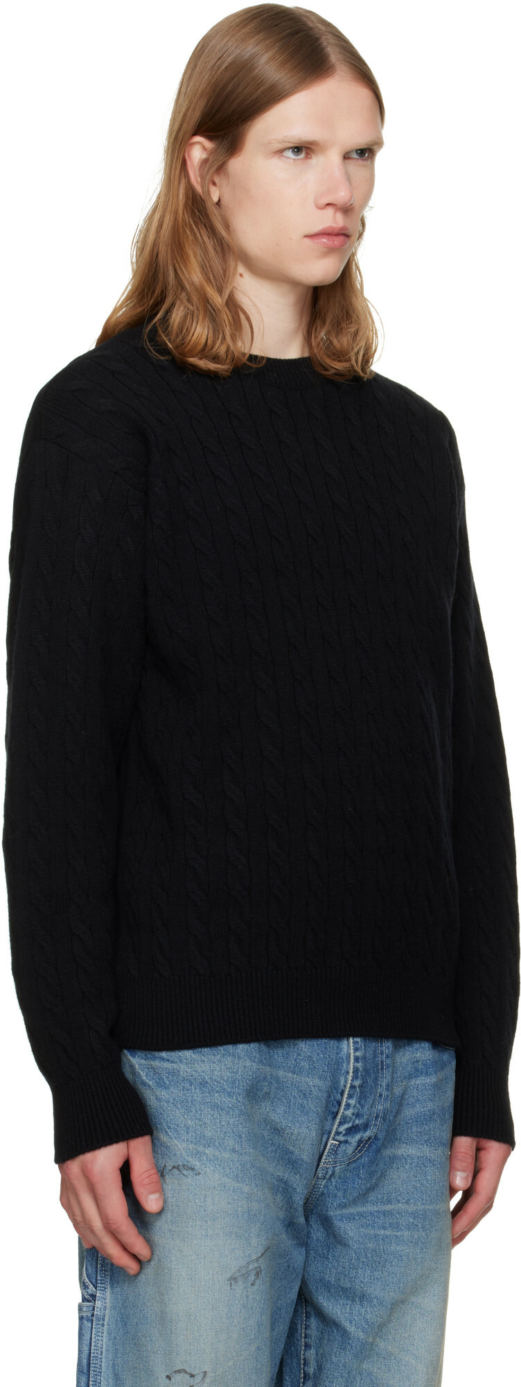 vowels Black Cable Knit Crewneck Sweater