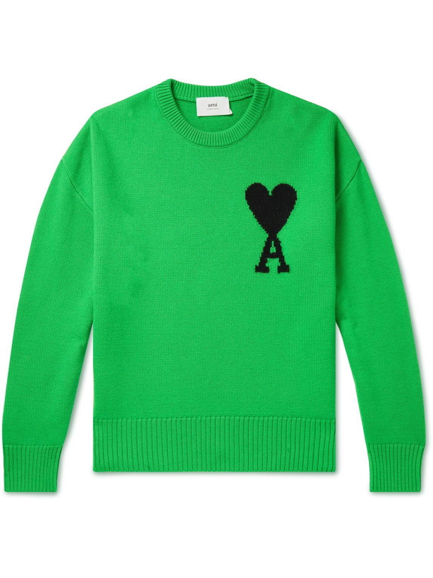 Photo: AMI PARIS - Logo-Intarsia Virgin Wool Sweater - Green