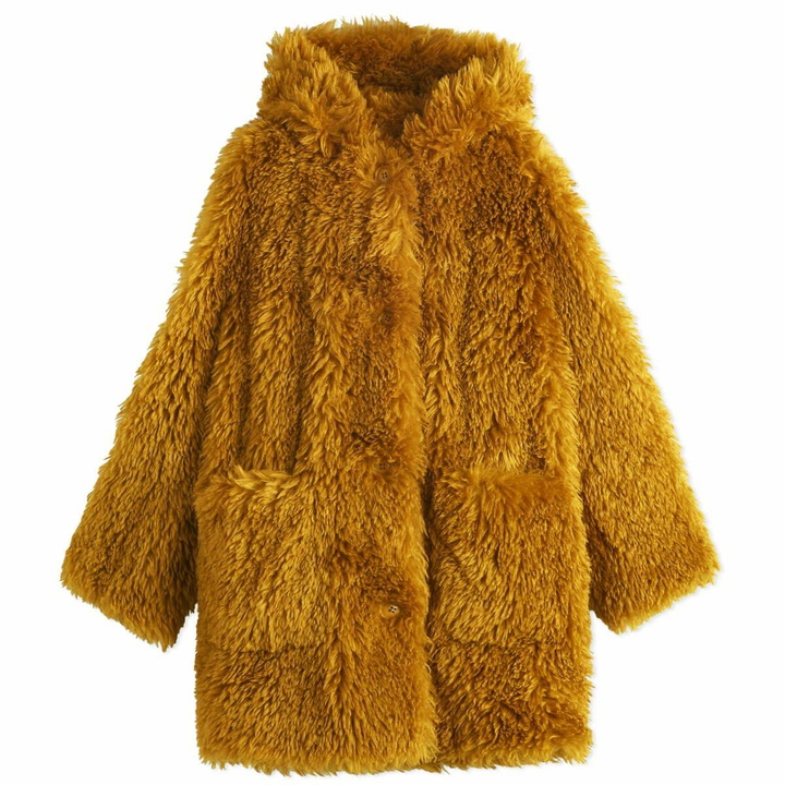 Photo: Stand Studio Women's Midi Faux Fur Coat in Warm Olive
