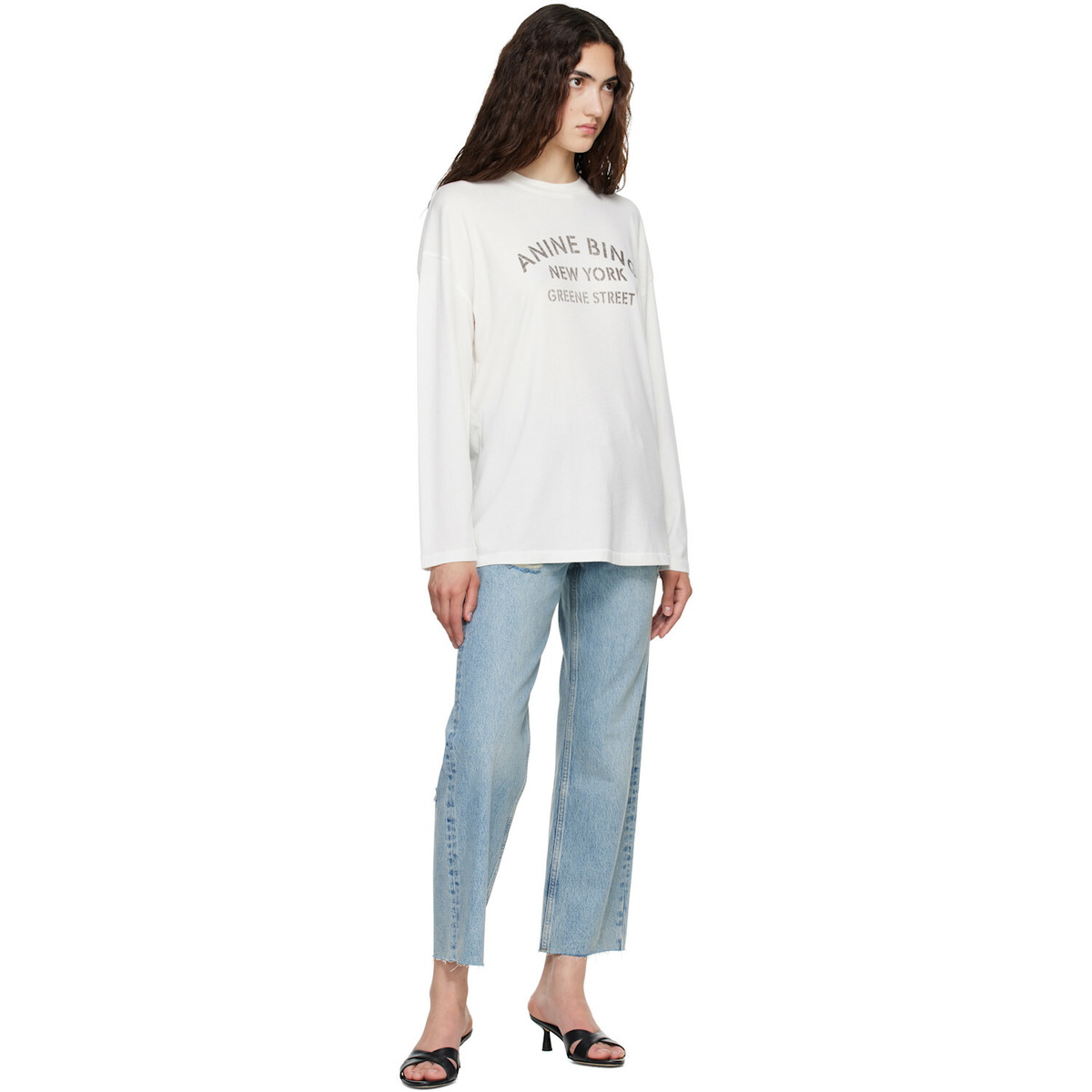 ANINE BING White Ivan Long Sleeve 'New York' Stencil T-shirt