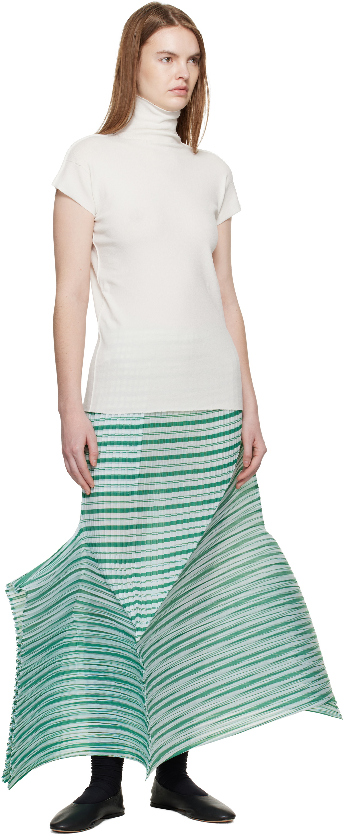 ISSEY MIYAKE Green Generic Stripes Machine Pleats Midi Skirt