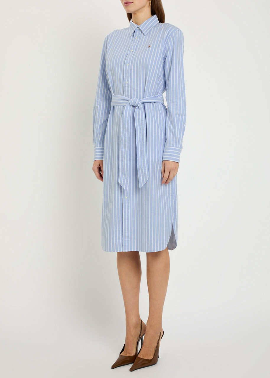 Polo Ralph Lauren Striped Belted Cotton Midi Shirt Dress Blue