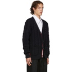 Thom Browne SSENSE Exclusive Navy Stripe Aran Cable Raglan Sleeve V-Neck Cardigan