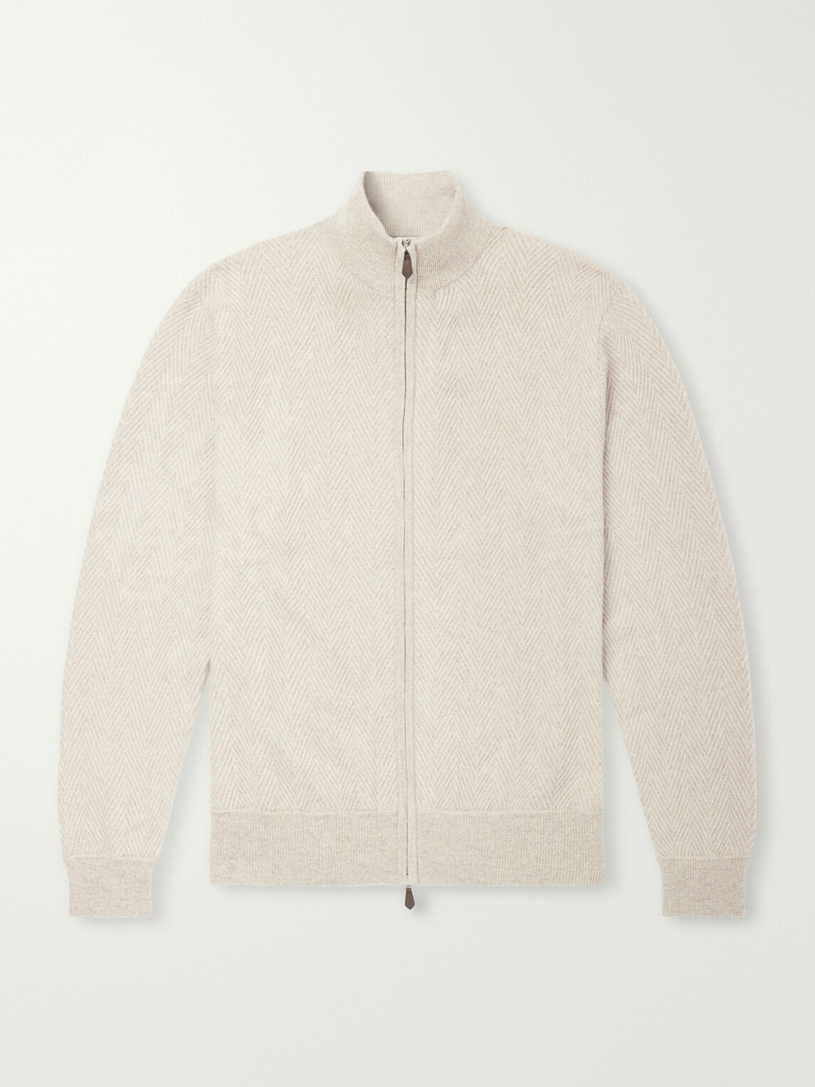 N.PEAL - Knightsbridge Herringbone Cashmere Zip-Up Cardigan - Neutrals