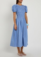 Ganni Striped Shirred Cotton Midi Dress Navy