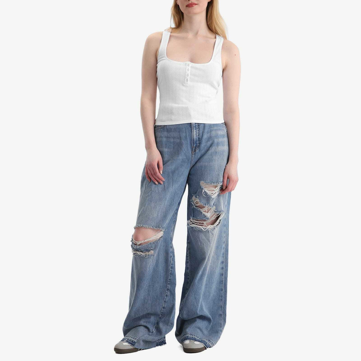 Good American Women's Pointelle Henley Tank Top in White