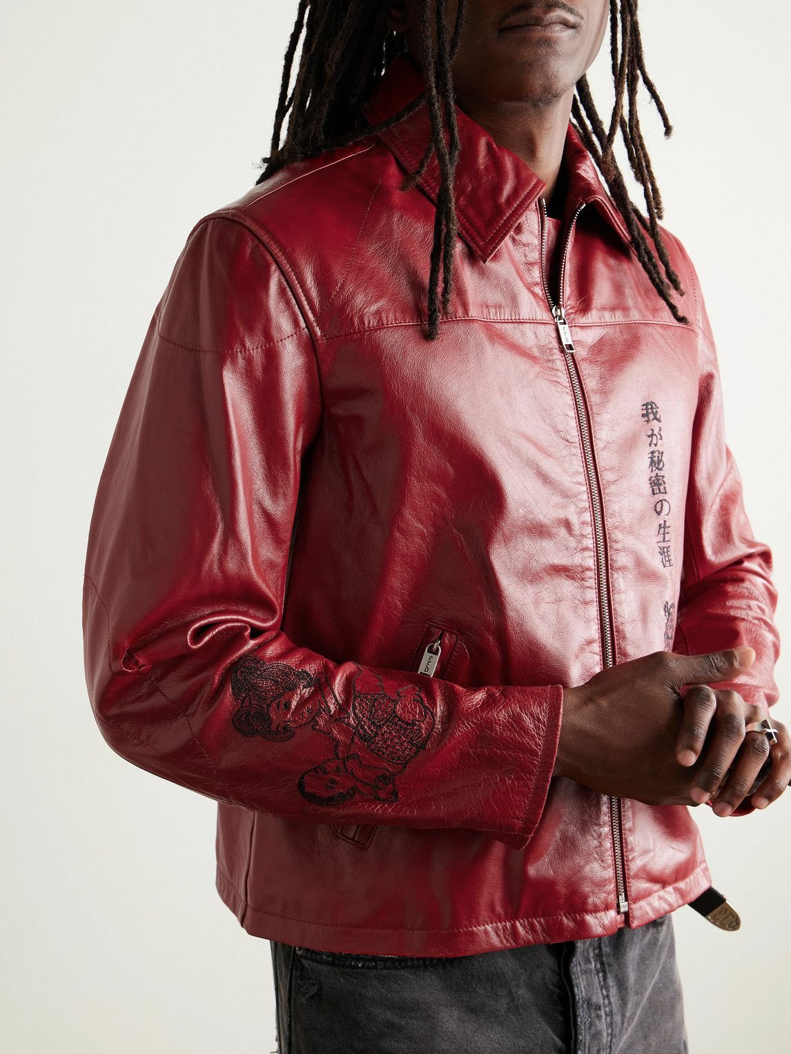Enfants Riches Déprimés - The Bully Distressed Embroidered Tumbled-Leather Jacket - Red