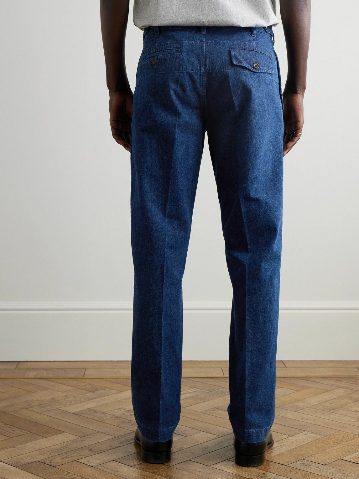 Drake's - Mk. I Games Straight-Leg Pleated Indigo-Dyed Cotton and Linen-Blend Trousers - Blue