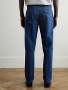 Drake's - Mk. I Games Straight-Leg Pleated Indigo-Dyed Cotton and Linen-Blend Trousers - Blue