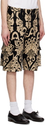 Anna Sui Black & Beige Beardsley Tapestry Cargo Shorts