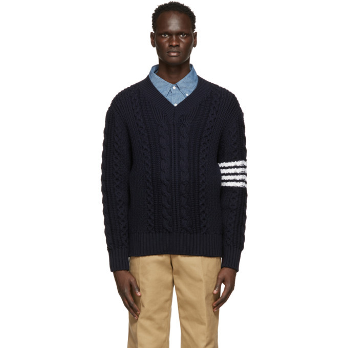 Photo: Thom Browne Navy Aran Cable 4-Bar V-Neck Sweater