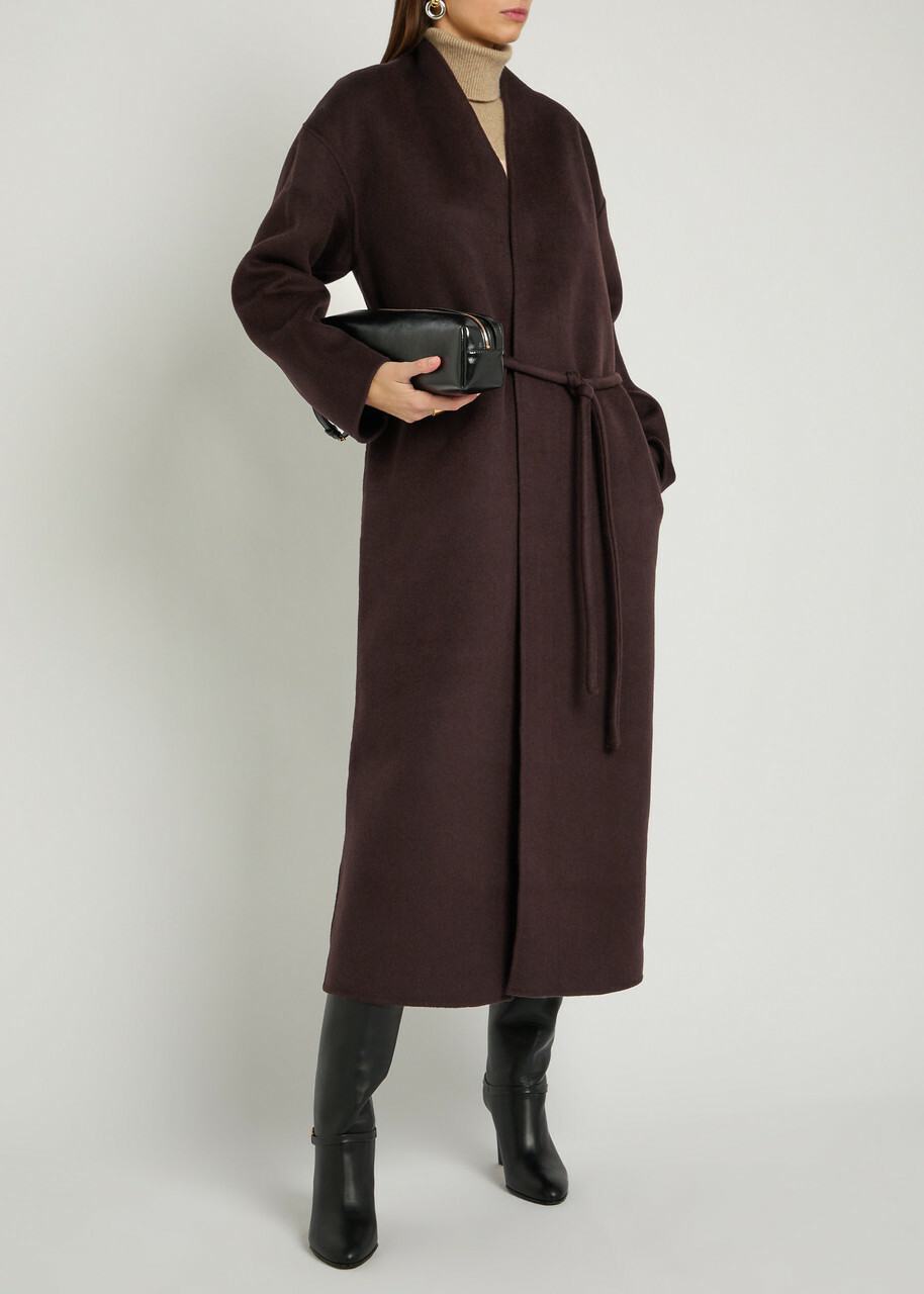 Anine Bing Hunter Belted Wool and Cashmere-blend Coat Dark Brown