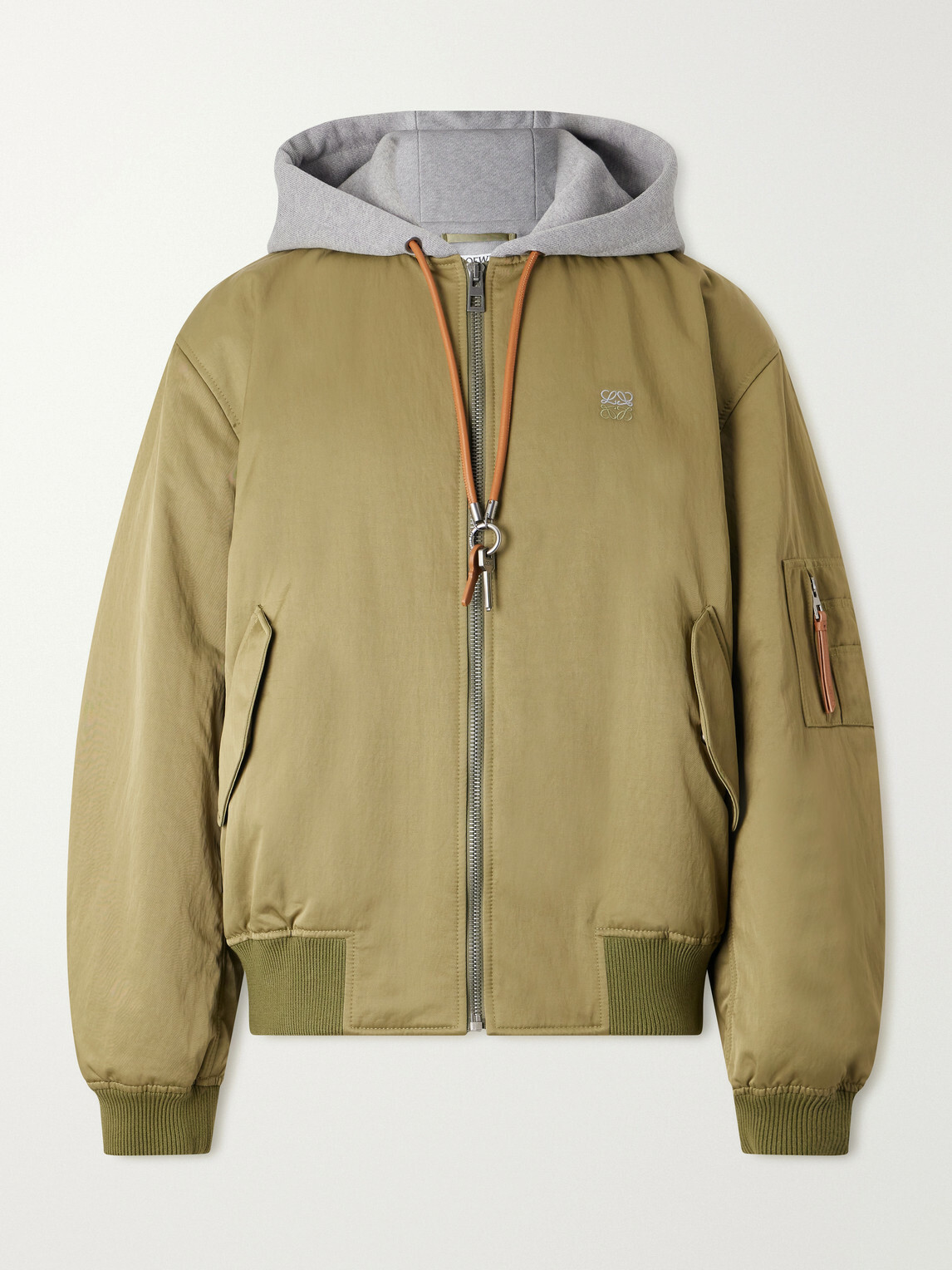 LOEWE - Anagram-Embroidered Leather and Jersey-Trimmed Satin Bomber Jacket - Green