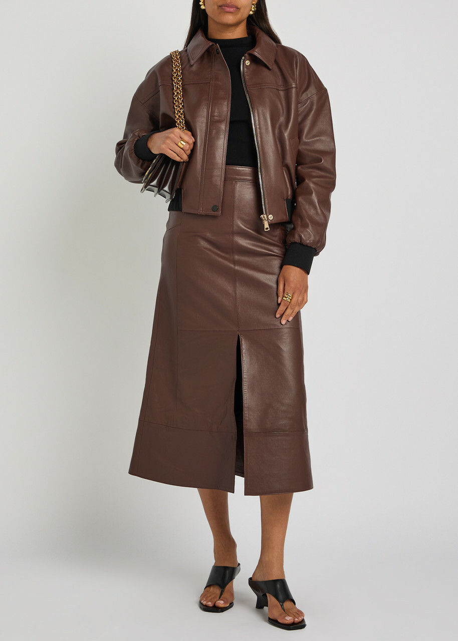 Skiim Sarah Leather Bomber Jacket Dark Brown