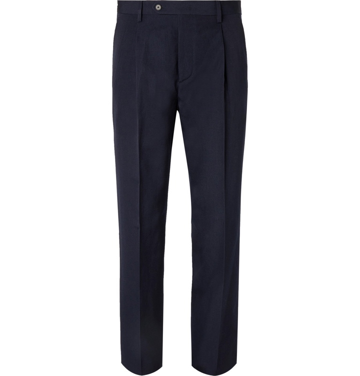 Photo: Mr P. - Navy Slim-Fit Tapered Pleated Wool and Linen-Blend Trousers - Blue