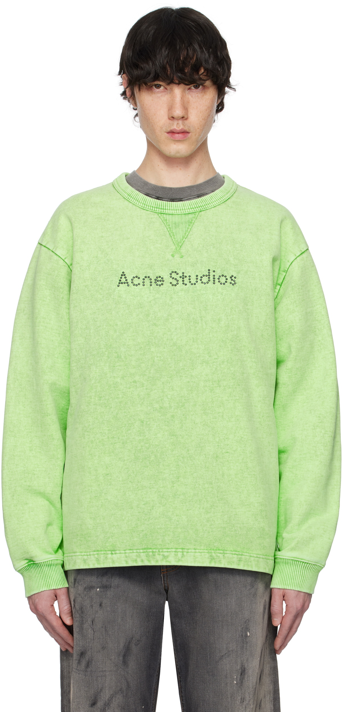 トップス Acne Studios SWEATSHIRTS Acne Studios Green Logo Stud Sweatshirt Acne Studios