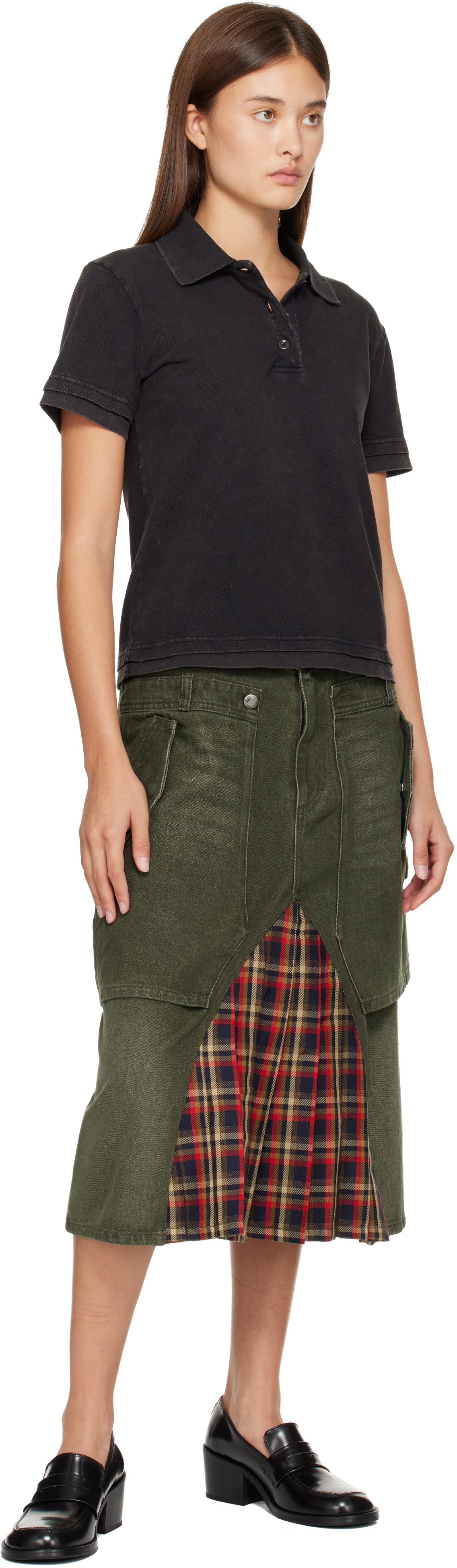 Andersson Bell Khaki Raptor Layered Pleats Denim Midi Skirt