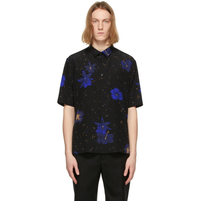 Photo: Saint Laurent Black Silk Confetti Hibiscus Short Sleeve Shirt