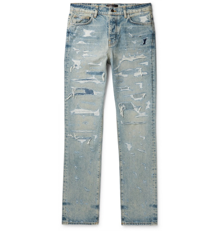 Photo: AMIRI - Slim-Fit Distressed Embroidered Denim Jeans - Blue