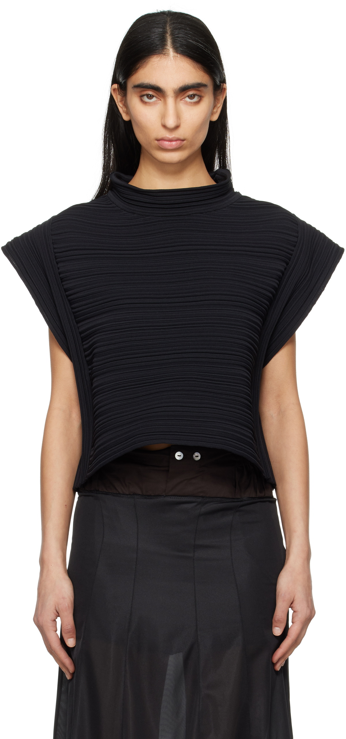 PLEATS PLEASE ISSEY MIYAKE Black February Crêpe Knit Top PLEATS PLEASE ISSEY MIYAKE Black February Crêpe Knit Top
