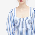 GANNI Women's Stripe Cotton Open-neck Smock Long Dress in Silver Lake Blue