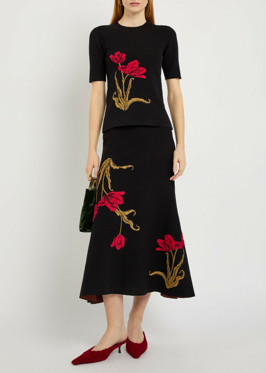 Erdem Floral-intarsia Knit Midi Skirt Black