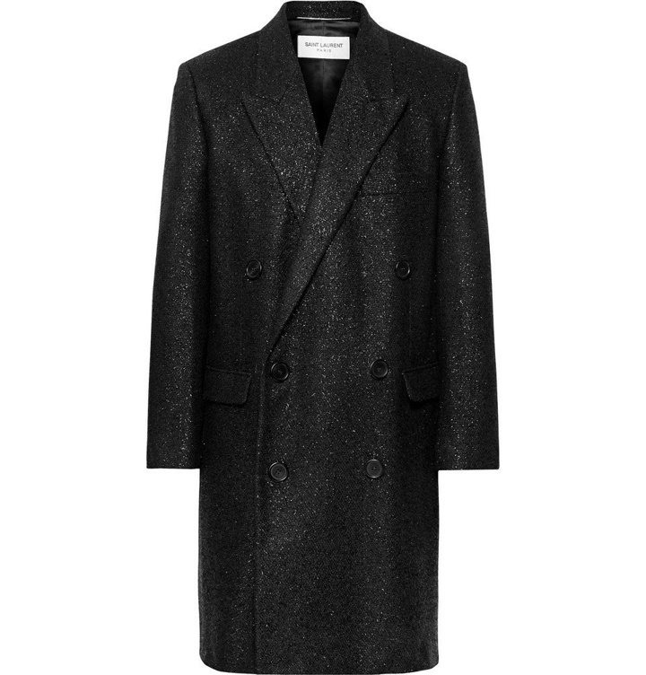 Photo: SAINT LAURENT - Metallic Woven Double-Breasted Overcoat - Black