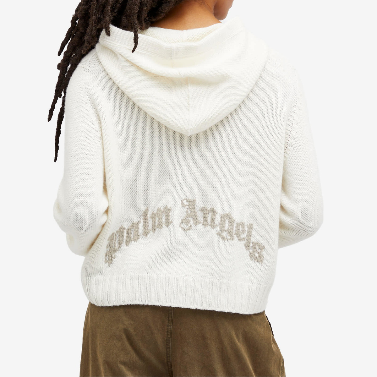 Palm Angels Women's Curved Logo Knitted Hoodie in White/Light Beige