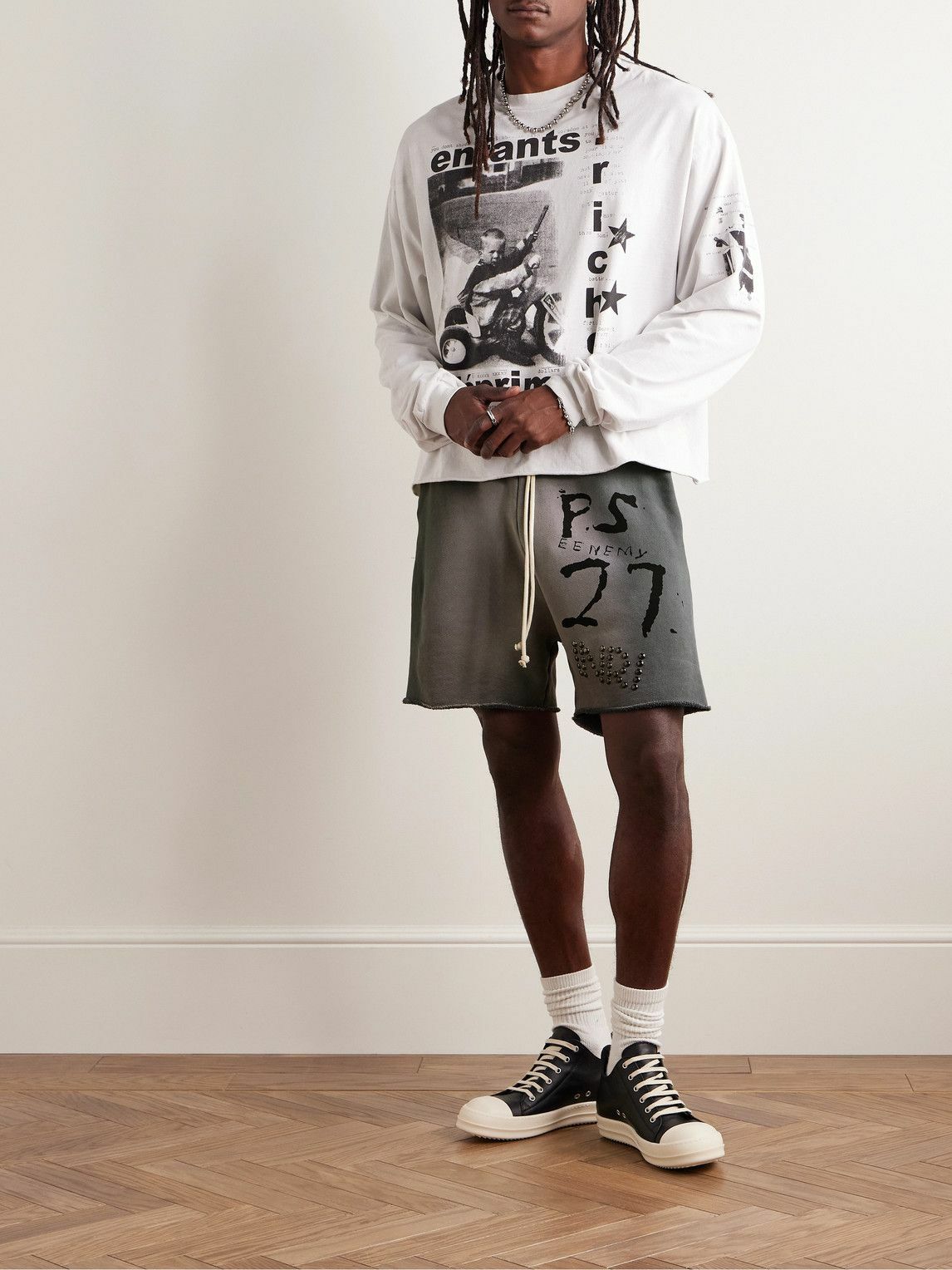 RRR123 - INRI Enemy Straight-Leg Embellished Cotton-Jersey Drawstring Shorts - Gray