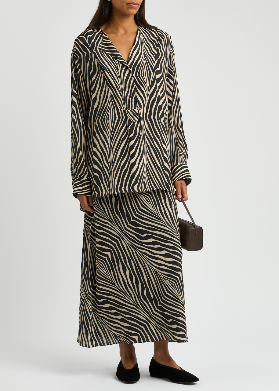 BY Malene Birger Boshan Zebra-print Matte Satin Midi Skirt Black