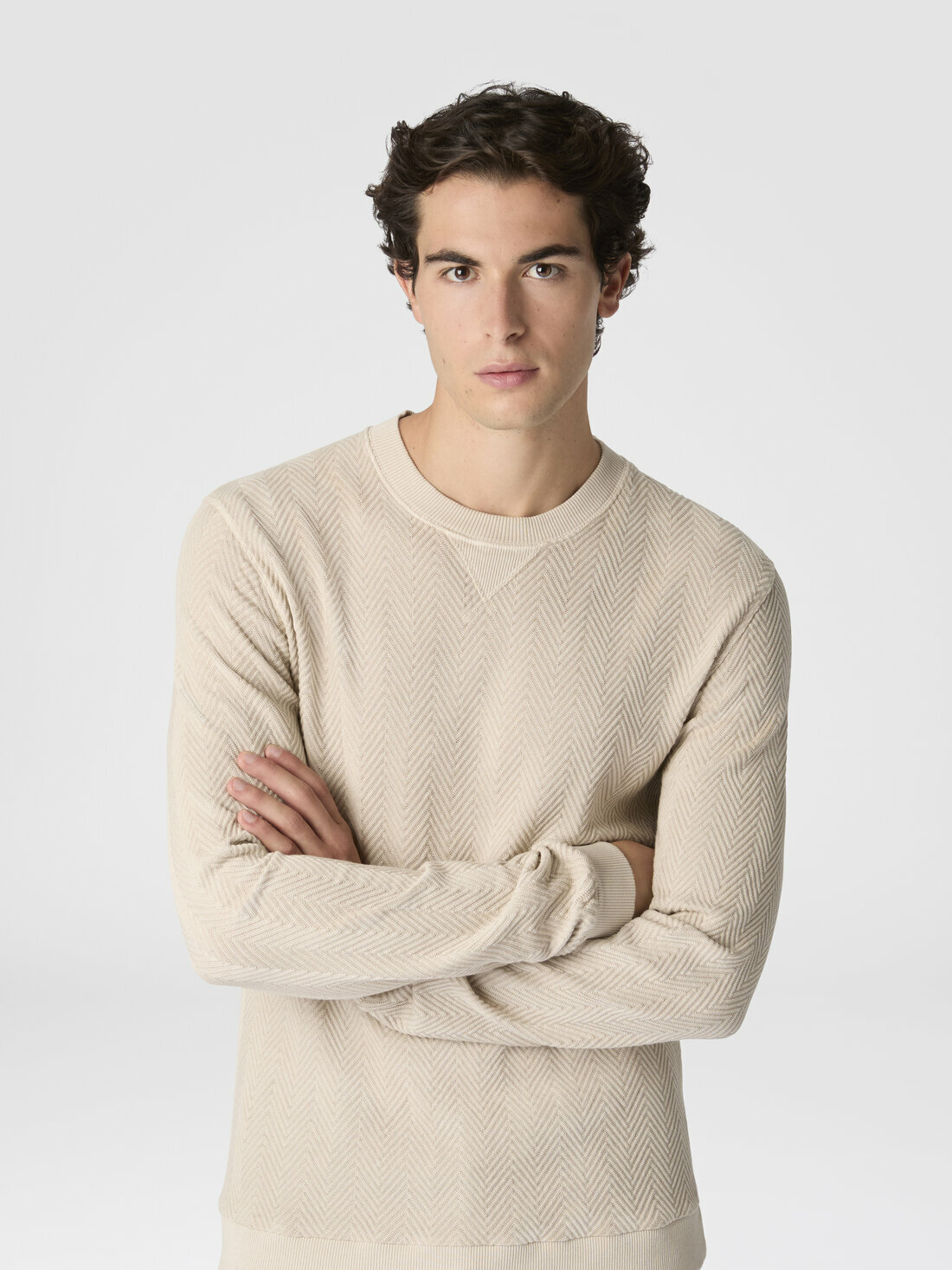 Missoni - Crew-neck cotton and viscose sweatshirt with tone-on-tone zigzag pattern, Men, Beige