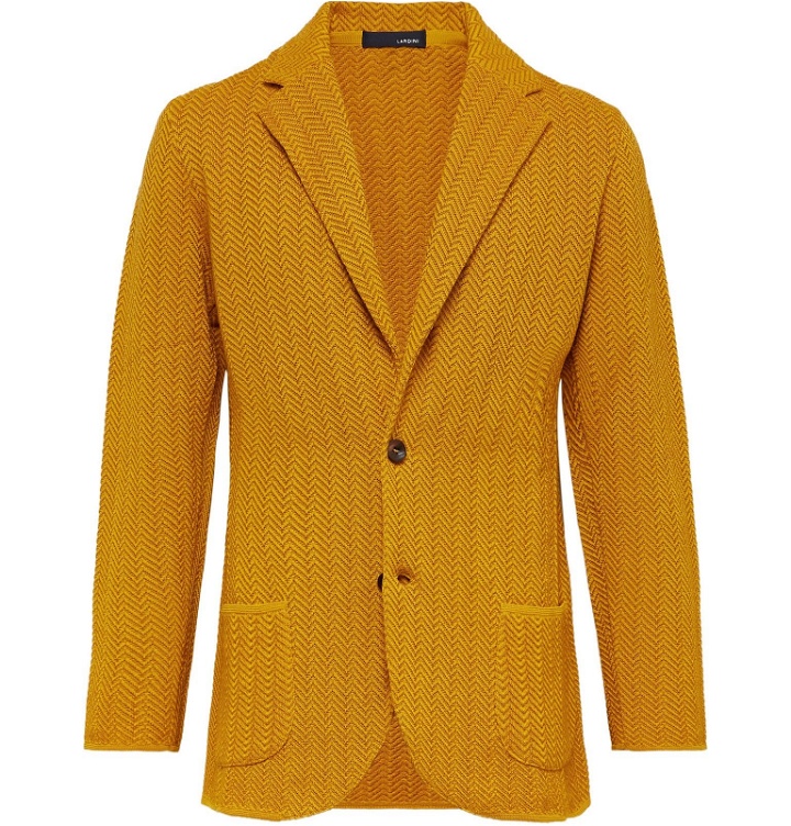 Photo: Lardini - Mustard Slim-Fit Herringbone Cotton and Linen-Blend Knitted Blazer - Yellow