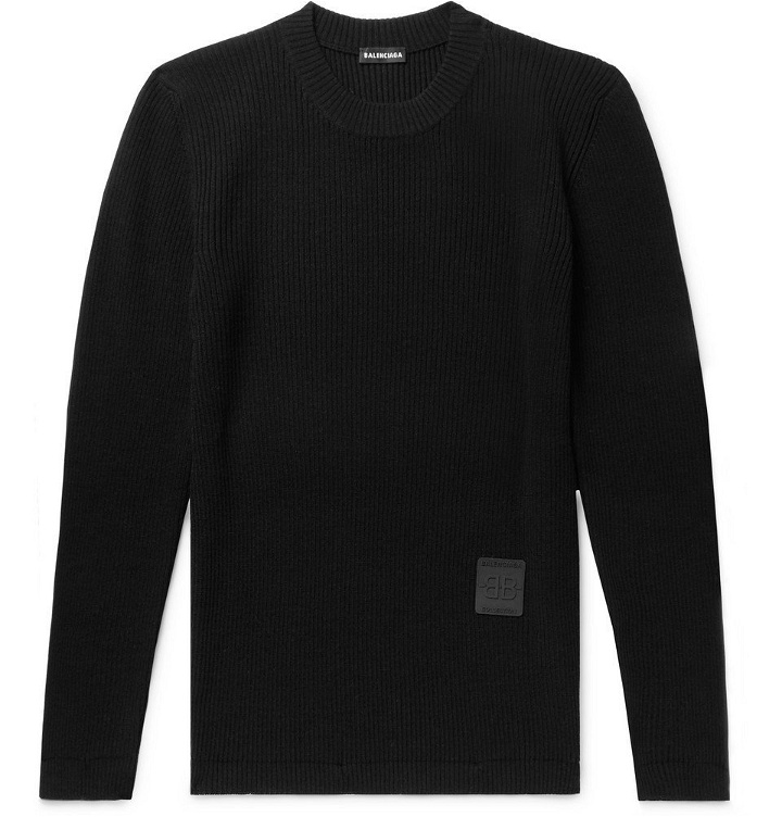 Photo: Balenciaga - Slim-Fit Logo-Appliquéd Ribbed Wool Sweater - Men - Black