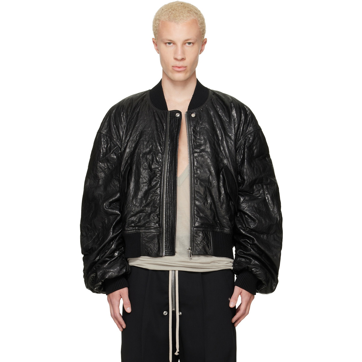 Rick Owens Black Tower Secchia Flight Leather Bomber Jacket