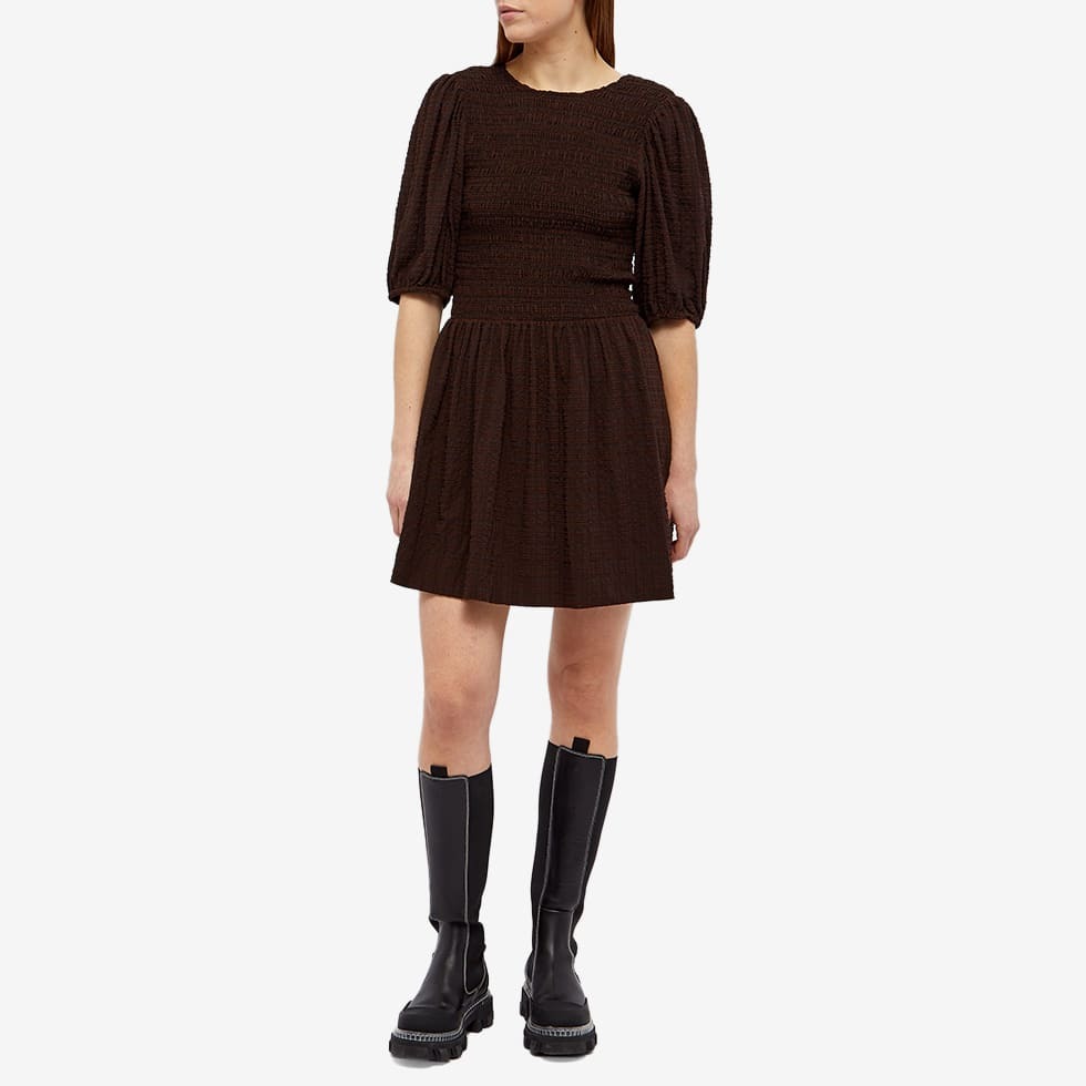 ★Ganni★ Stretch Seersucker Smoke Mini Dress Chicory Coffee GANNI Seersucker Smock Mini Dress in Chicory Coffee | endource