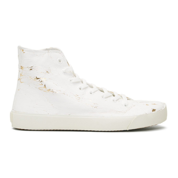 Photo: Maison Margiela White and Gold Tabi High-Top Sneakers