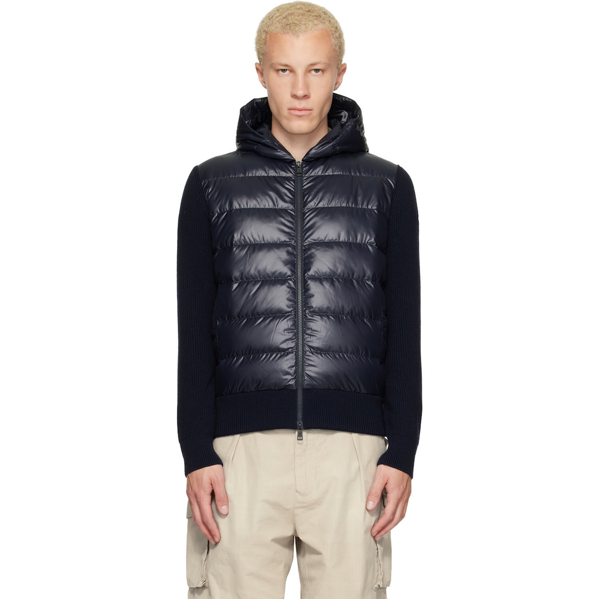 Moncler Navy Wool Zip-Up Hoodie Down Jacket