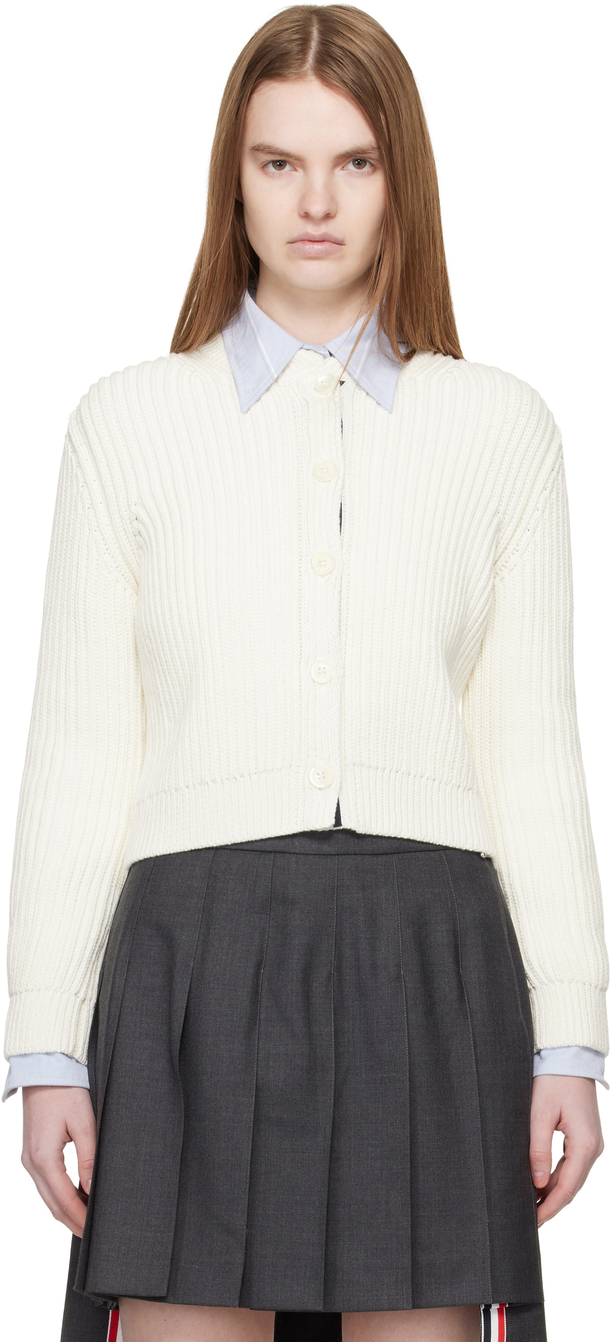 Thom Browne White Full Stitch Cropped Crew Neck Cardigan