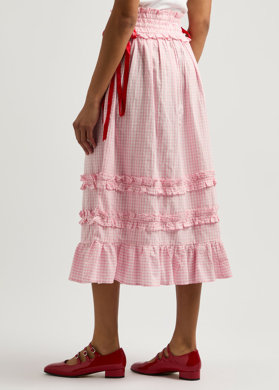 Damson Madder Olivia Gingham Cotton Midi Skirt Light Pink
