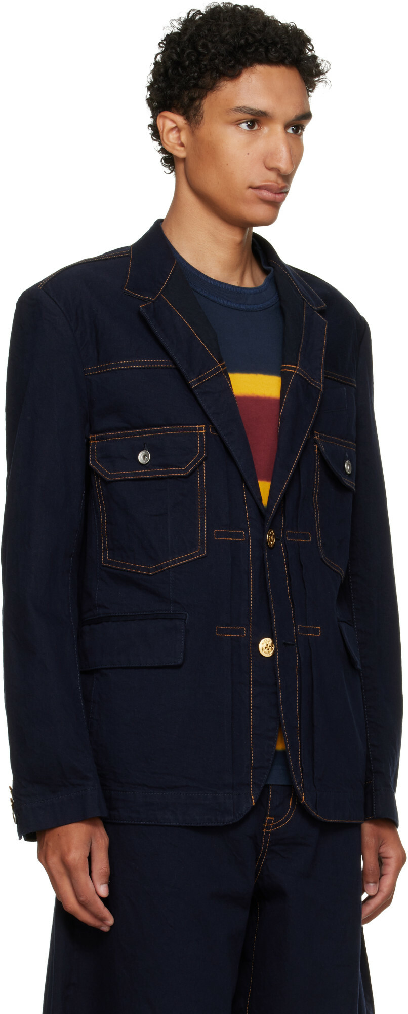 sacai Navy Notched Lapel Denim Blazer
