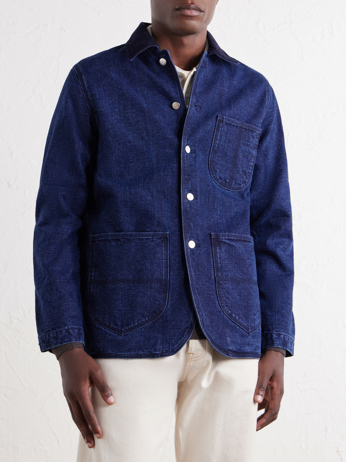 Drake's - Corduroy-Trimmed Denim Chore Jacket - Blue