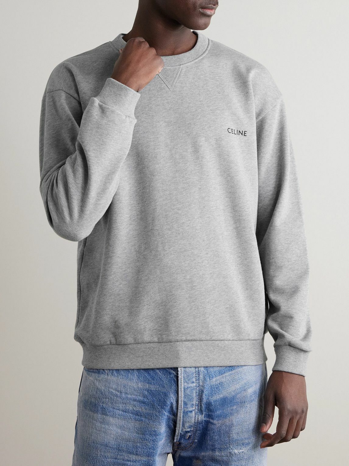 CELINE - Logo-Print Stretch-Cotton Jersey Sweatshirt - Gray