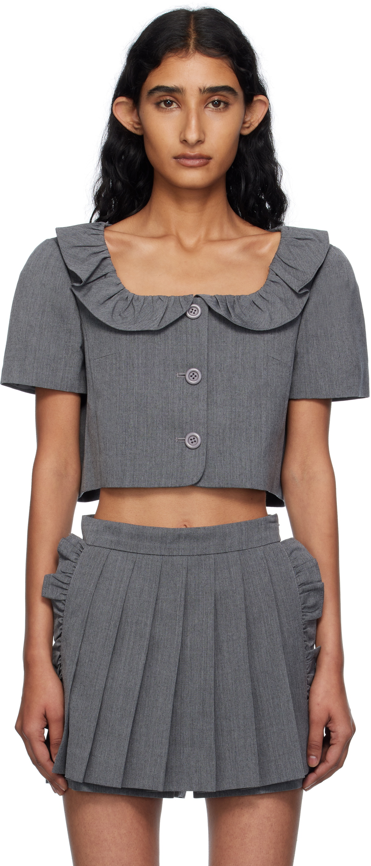 Pushbutton Gray Frilled Neck Cropped Top