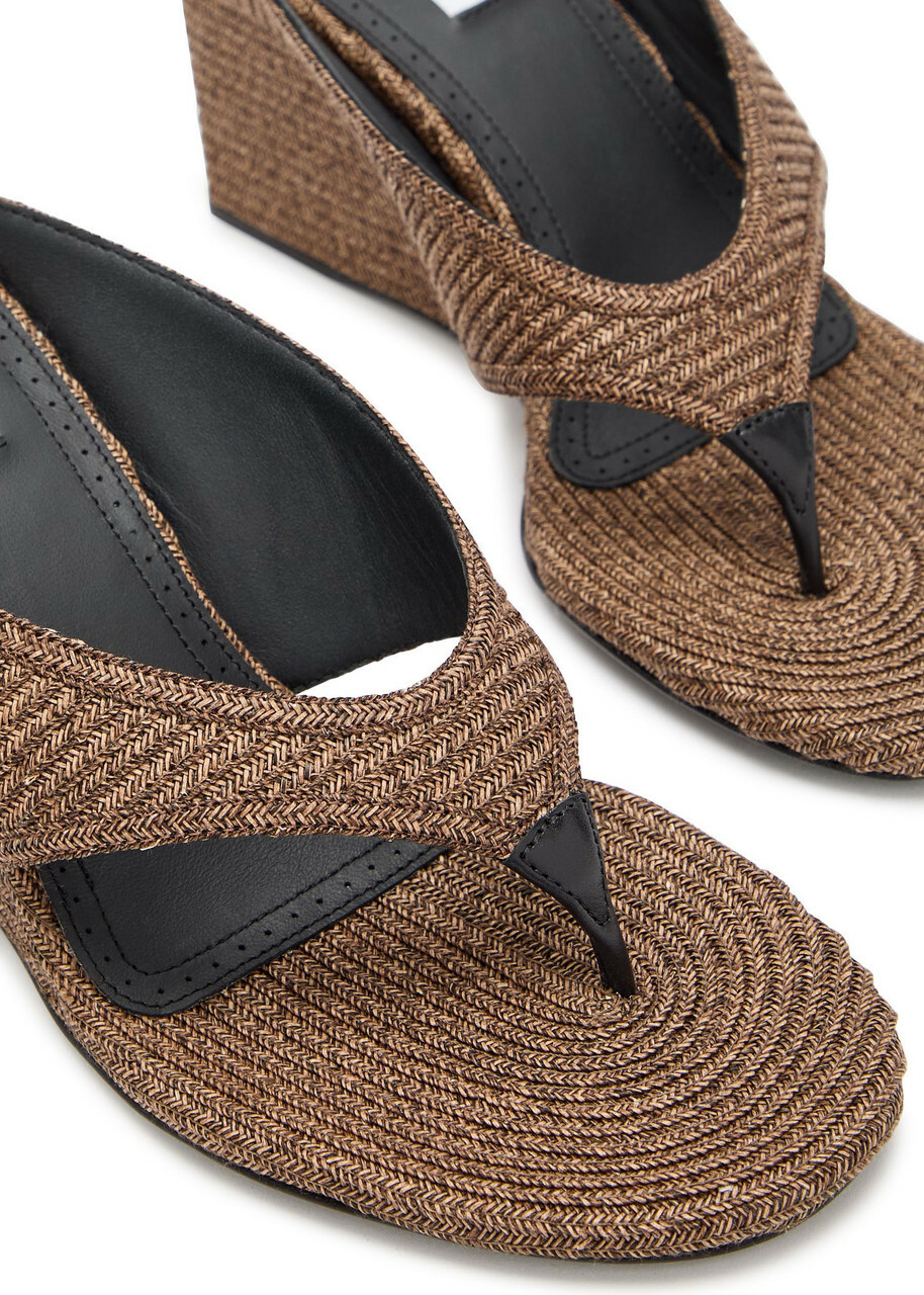 Alaïa Cube 75 Raffia Thong Wedge Mules Brown