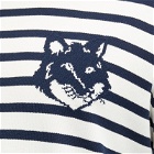 Maison Kitsuné Men's Fox Head Intarsia Stripe Sweat in Deep Navy/Off White Stripe