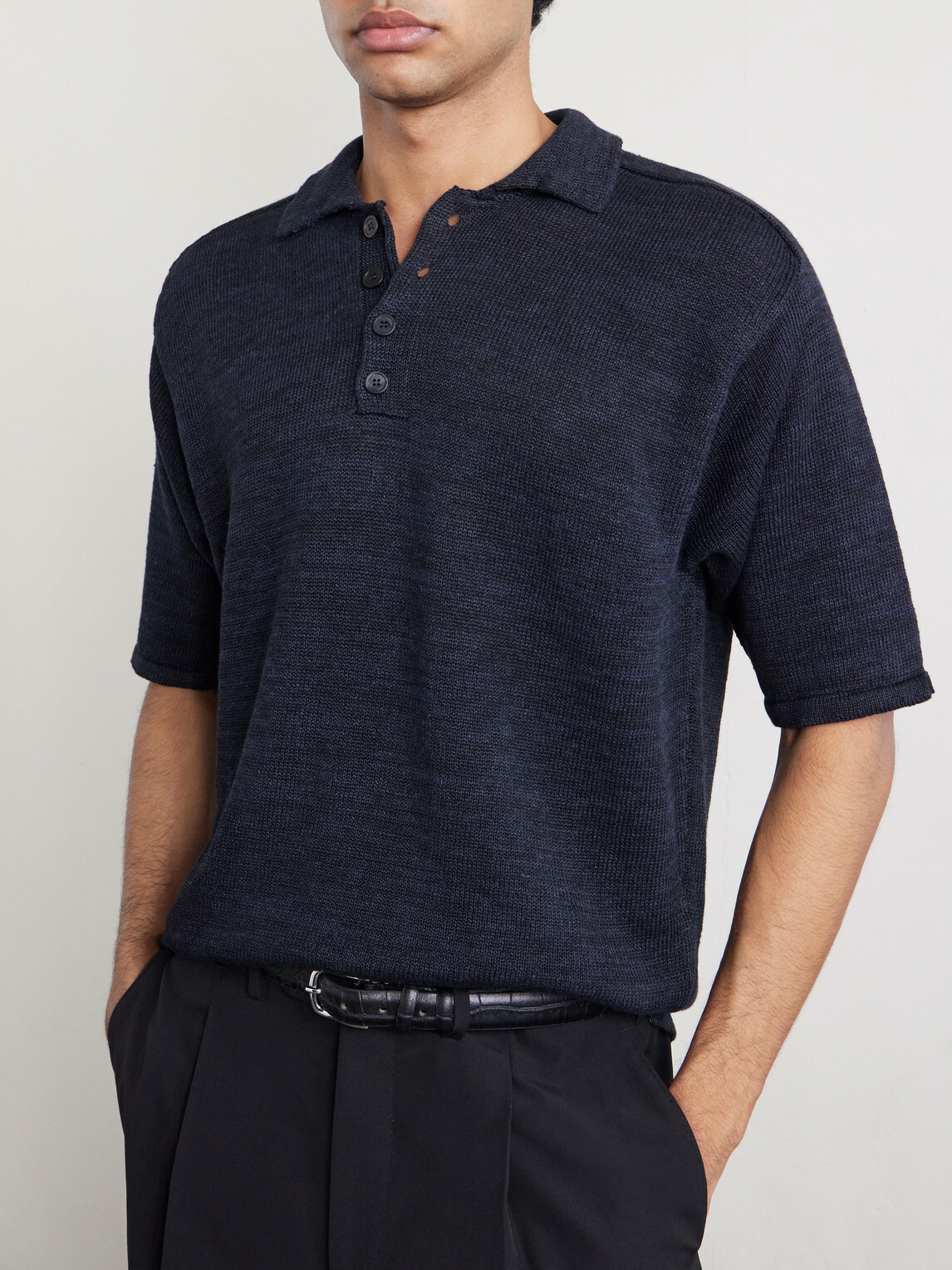 Inis Meáin - Knitted Linen Polo Shirt - Black