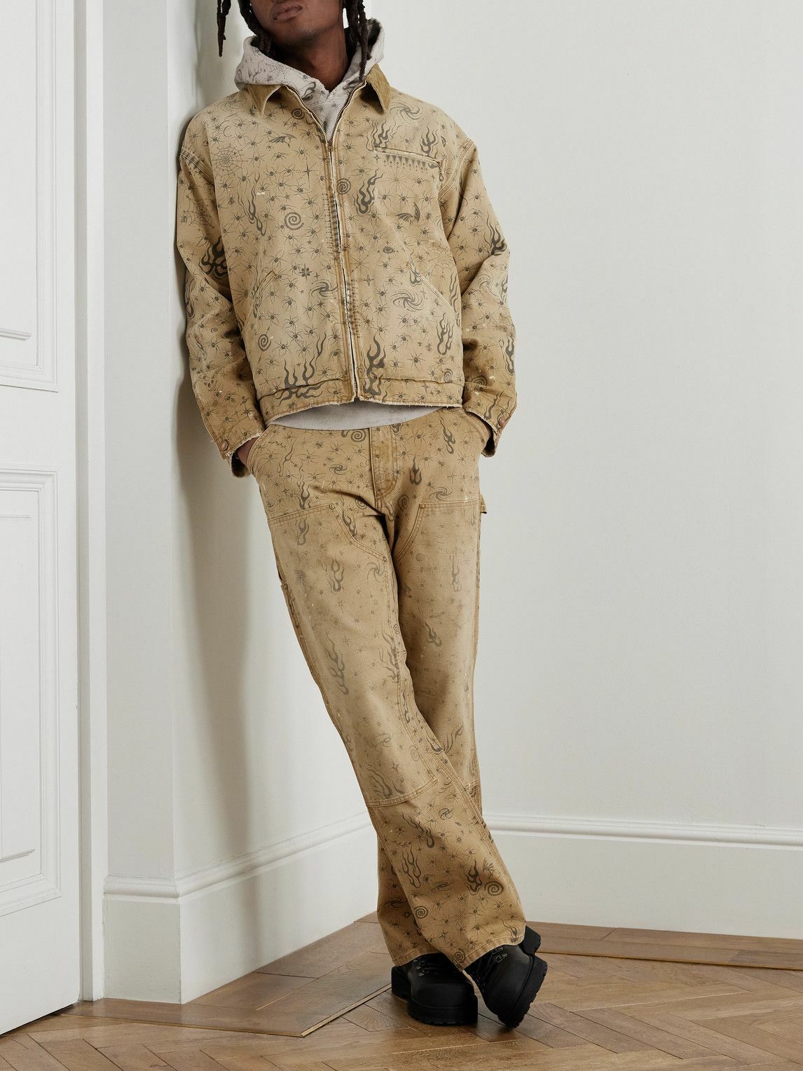 SAINT MXXXXXX - Dr. Woo Corduroy-Trimmed Distressed Printed Cotton-Canvas Jacket - Neutrals