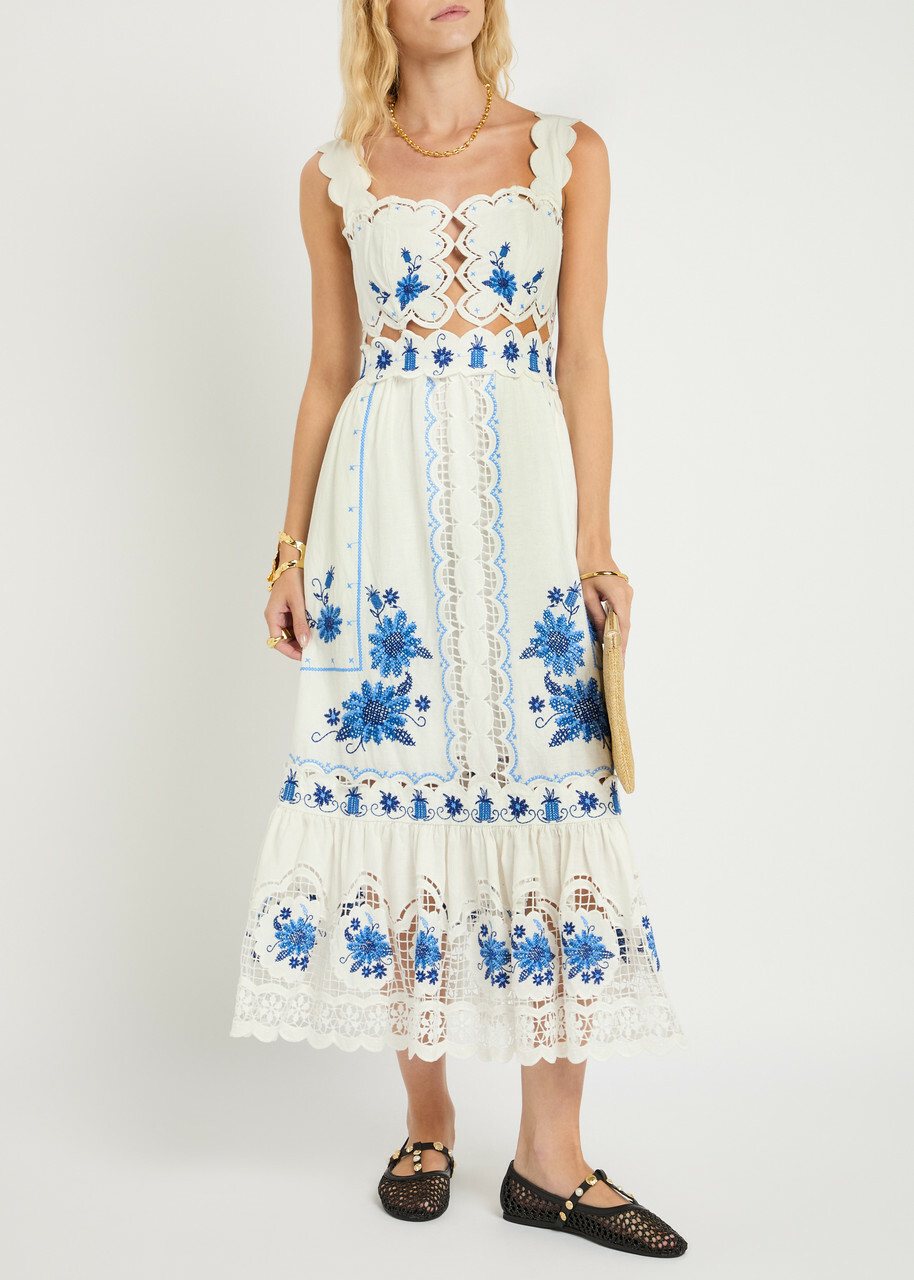 sachin and babi light blue dress Farm Rio Floral-embroidered Linen-blend Midi Dress Black And White Farm Rio