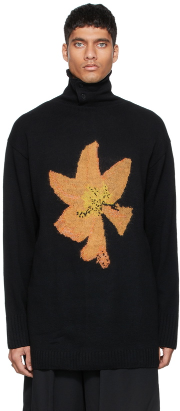 Photo: Yohji Yamamoto Black Wool Floral Intarsia Turtleneck Sweater