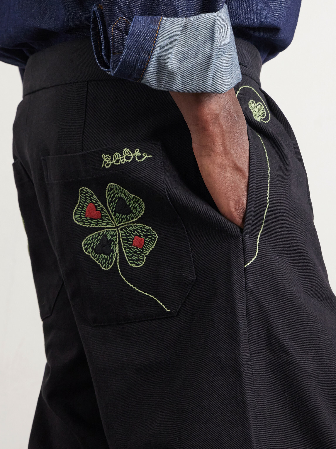 BODE - Lucky Draw Straight-Leg Pleated Embroidered Cotton-Twill Trousers - Black